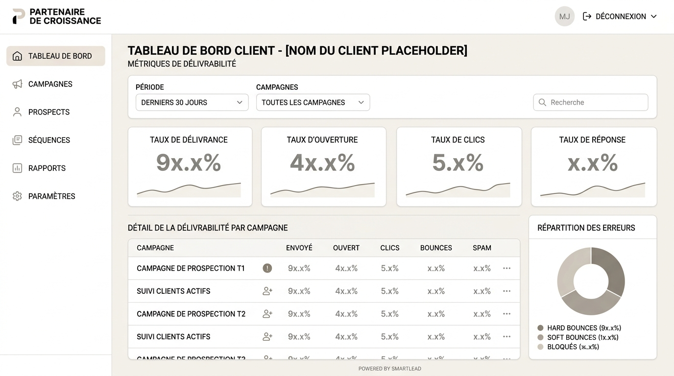 dashboard d'un sous-compte client en mode white-label, montrant le branding de l'agence à la place du logo Smartlead, avec les métriques de délivrabilité de ce client seulement