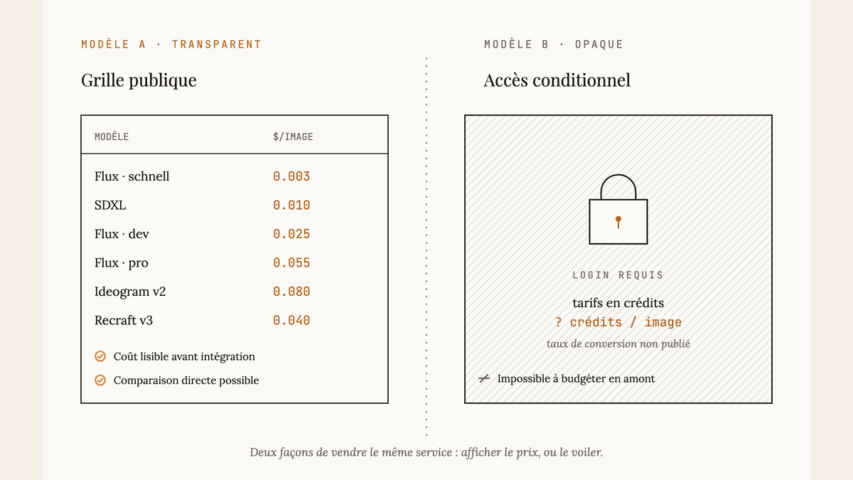 Schéma comparatif éditorial opposant un modèle de tarification transparent, présenté sous forme de grille publique listant six modèles d'IA avec leur prix par image en dollars, et un modèle opaque figuré par un cadenas devant une mention 'login requis' et un tarif en crédits non convertibles.