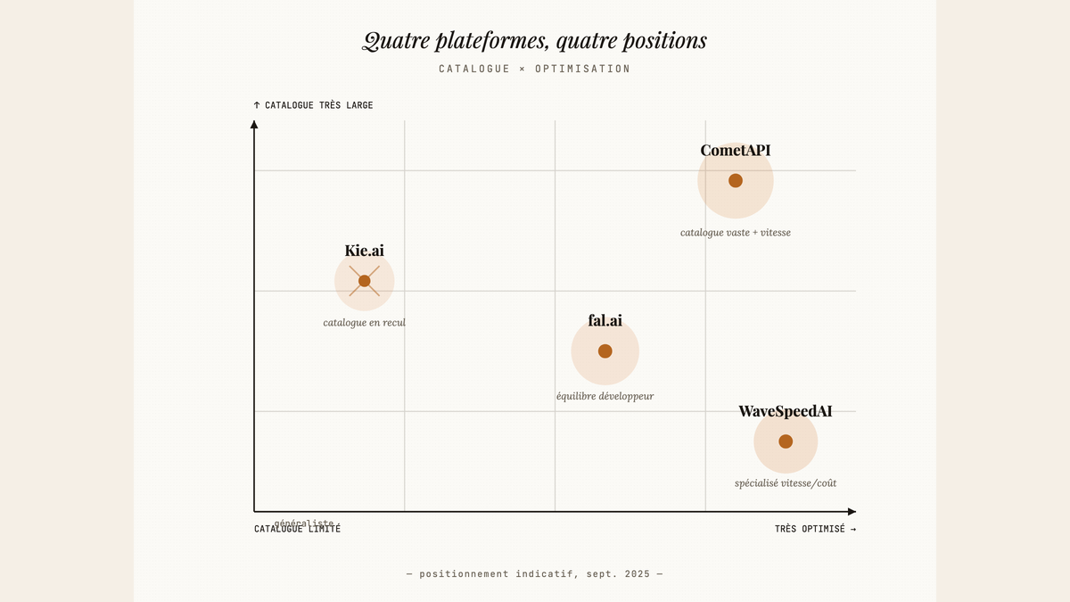 Diagramme de positionnement à deux axes des plateformes CometAPI, Kie.ai, fal.ai et WaveSpeedAI selon la richesse du catalogue et l'optimisation coût/vitesse.
