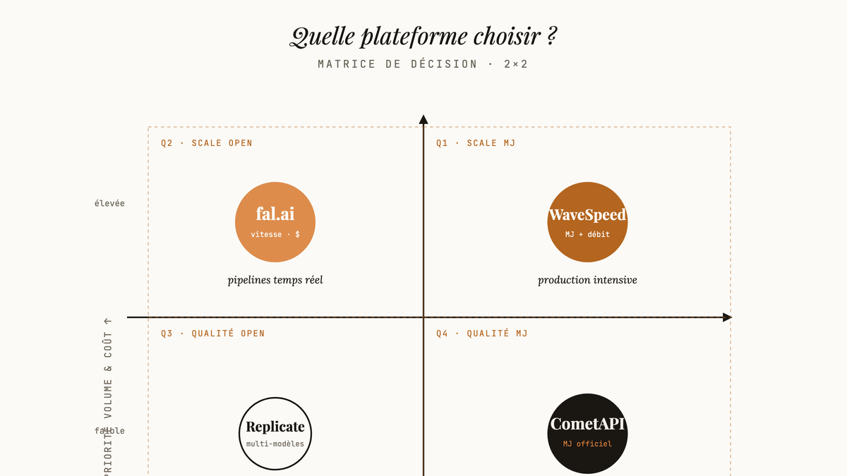 Matrice 2×2 plaçant fal.ai, WaveSpeedAI, Replicate et CometAPI selon le besoin spécifique de Midjourney et la priorité volume/coût.