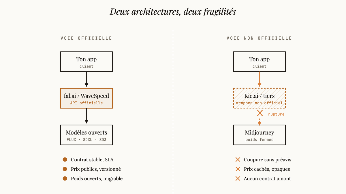 Schéma comparatif opposant la voie officielle (fal.ai, WaveSpeedAI, modèles ouverts) à la voie non officielle (Kie.ai vers Midjourney), avec points de rupture identifiés.