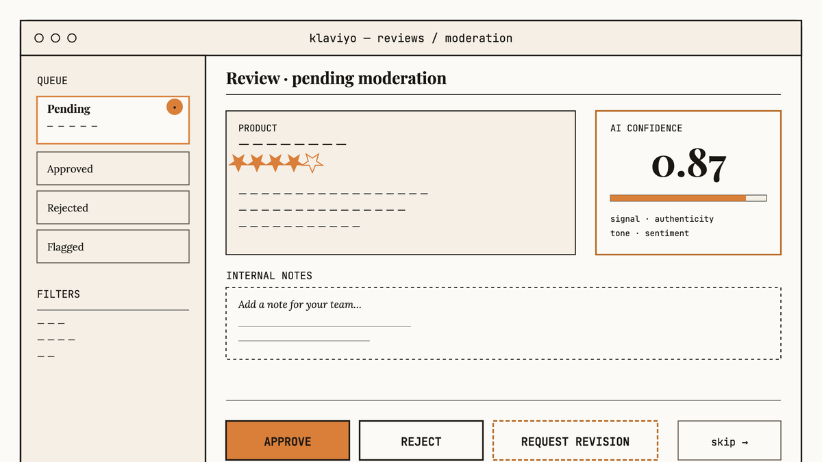 Maquette au trait de l'interface de modération d'avis Klaviyo Reviews