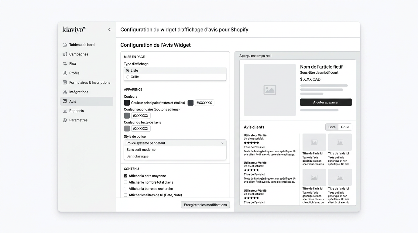 configuration du widget d'affichage d'avis pour Shopify, avec options de mise en page (liste, grille), couleurs personnalisables et aperçu en temps réel sur une fiche produit fictive