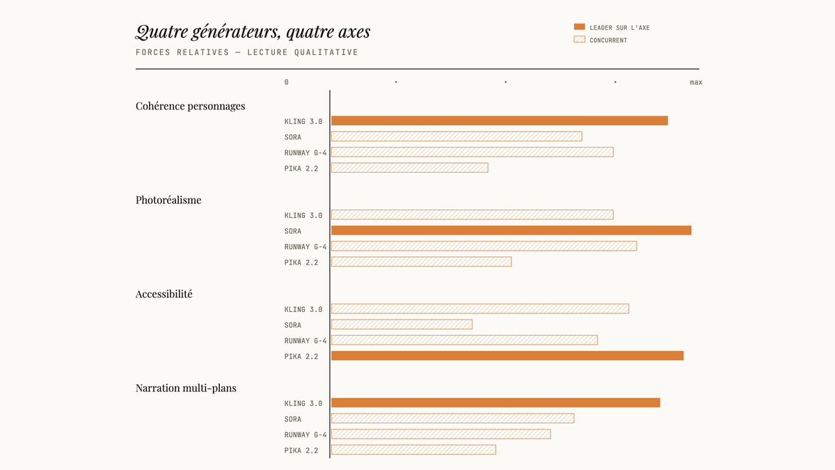 Graphique à barres horizontales comparant Kling 3.0, Sora, Runway Gen-4 et Pika 2.2 sur cohérence personnages, photoréalisme, accessibilité et narration multi-plans.