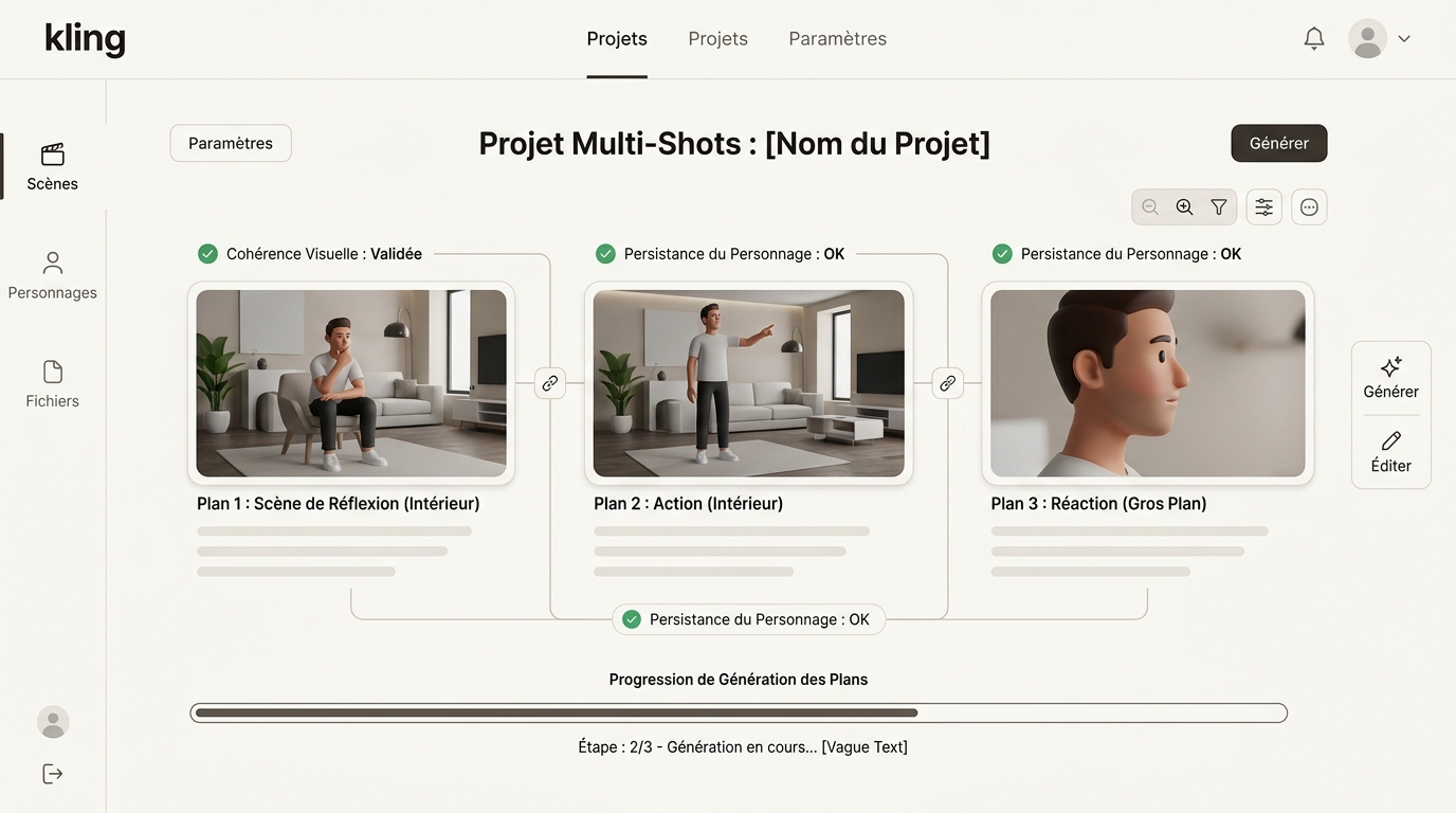 exemple de projet multi-shots dans l'interface, montrant trois vignettes de plans différents avec le même personnage, liés par une barre de progression et des indicateurs de cohérence visuelle