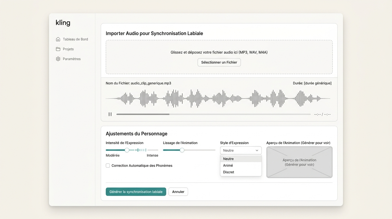 panneau d'upload audio pour la synchronisation labiale, avec la forme d'onde visible et les options d'ajustement de personnage en dessous