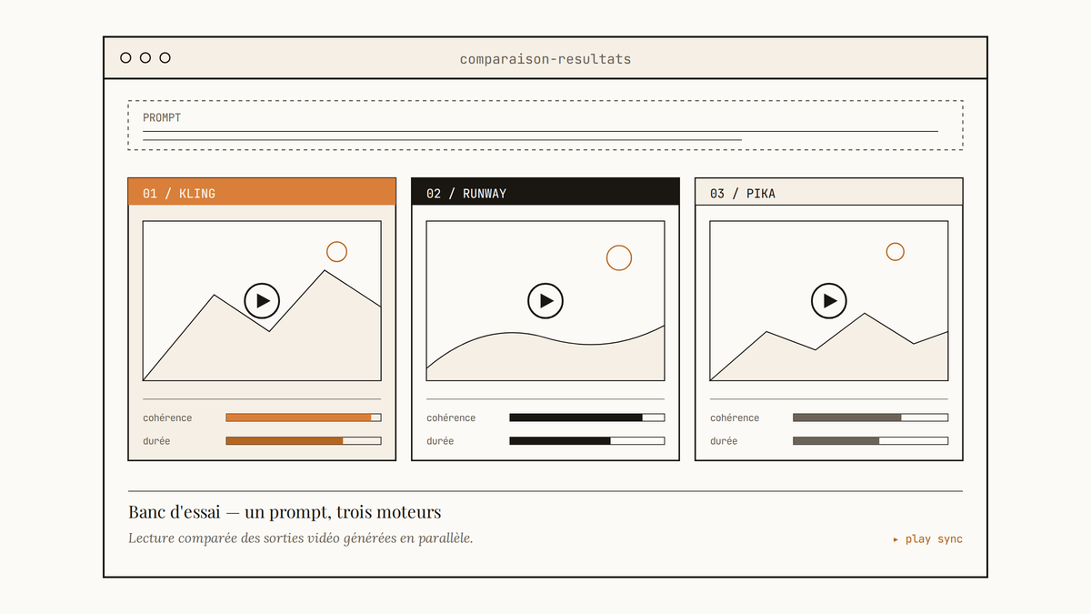 Maquette d'interface de comparaison de trois générateurs vidéo IA côte à côte avec barres de cohérence et durée.