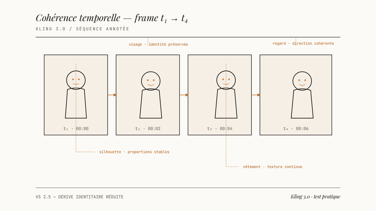 Diagramme éditorial montrant quatre frames successives d'un personnage généré par Kling 3.0, annotées sur les points de cohérence : silhouette, visage, vêtement, regard.