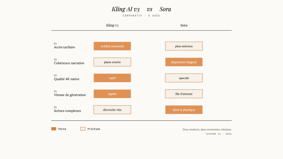 Tableau comparatif éditorial opposant Kling AI v3 et Sora sur cinq axes : tarif, cohérence, qualité 4K, vitesse et scènes complexes.