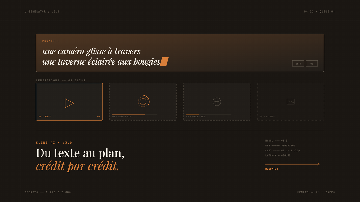 Interface éditoriale sombre d'un générateur vidéo IA avec zone de prompt centrale et grille de quatre vignettes de clips en cours de rendu.