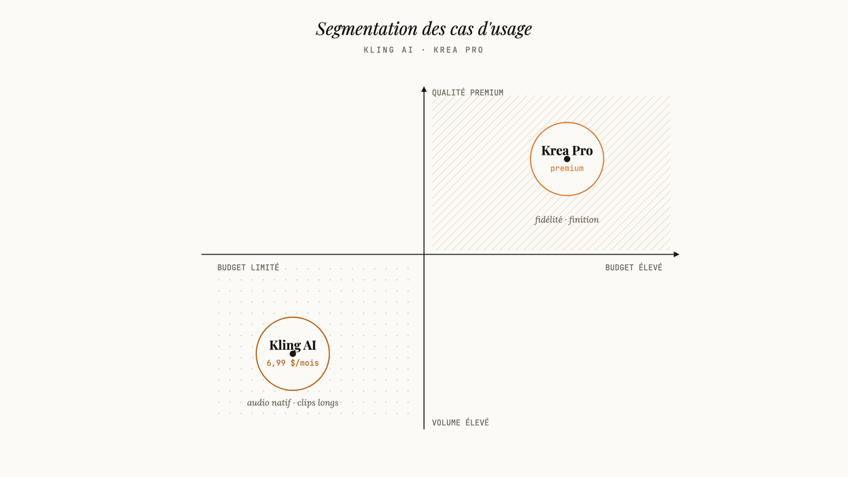 Schéma en deux quadrants opposant Kling AI (budget limité, volume élevé) à Krea Pro (budget élevé, qualité premium).