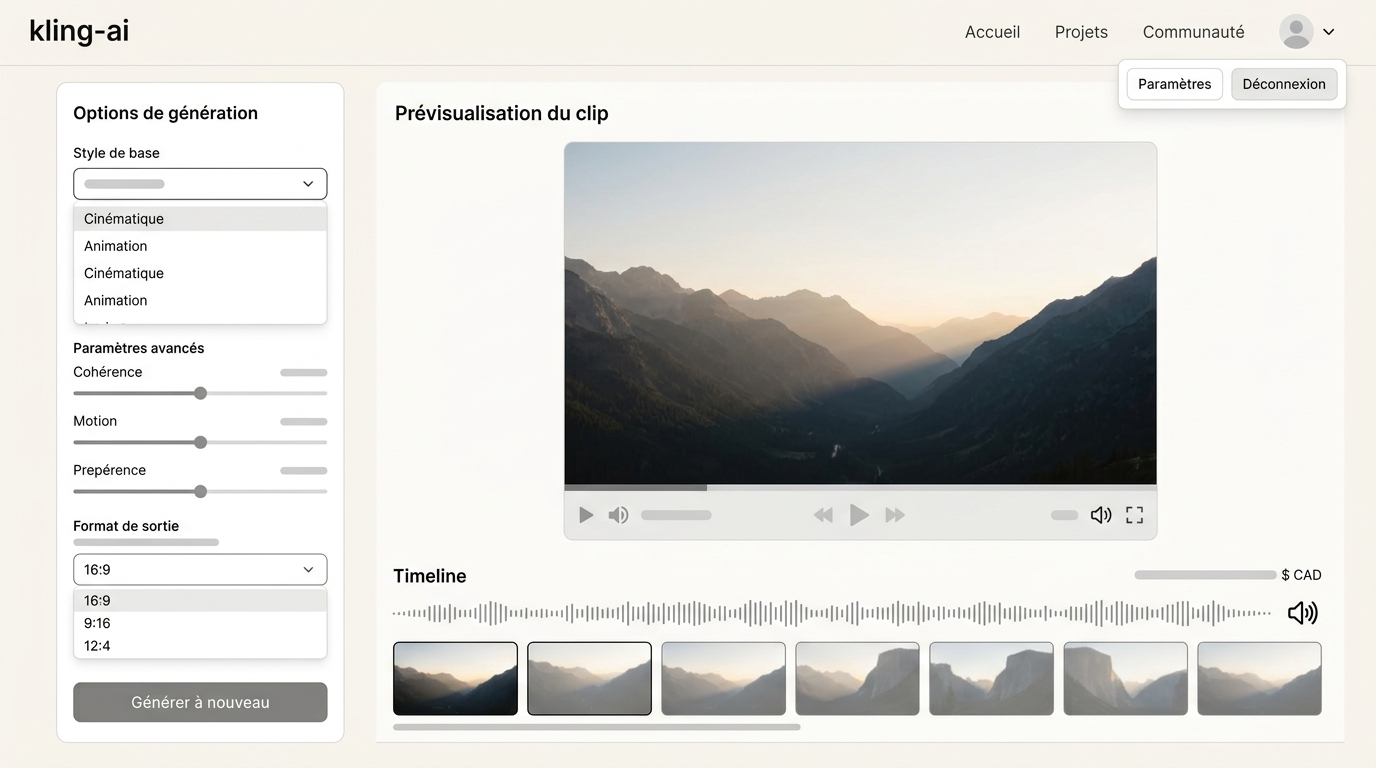 interface de prévisualisation d'un clip généré, panneau d'options de génération ouvert à gauche, timeline en bas avec icône audio visible