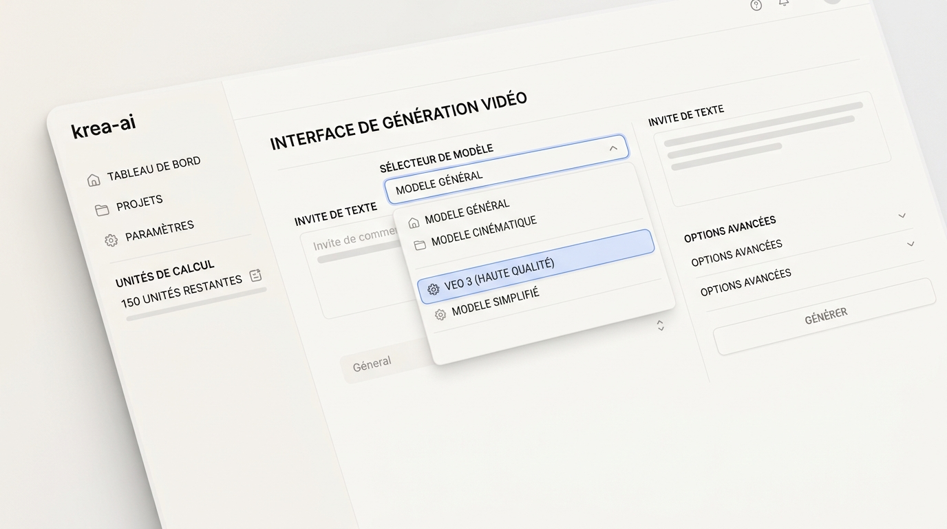 interface de génération vidéo avec sélecteur de modèle ouvert, Veo 3 en surbrillance, compteur de compute units visible dans la barre latérale