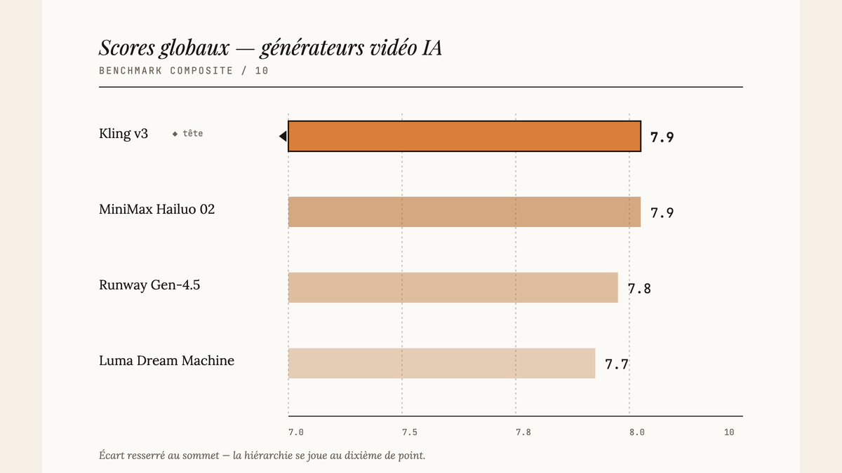 Diagramme en barres horizontales comparant les scores globaux de Kling v3 (7.9, mis en évidence), MiniMax Hailuo 02 (7.9), Runway Gen-4.5 (7.8) et Luma Dream Machine (7.7).