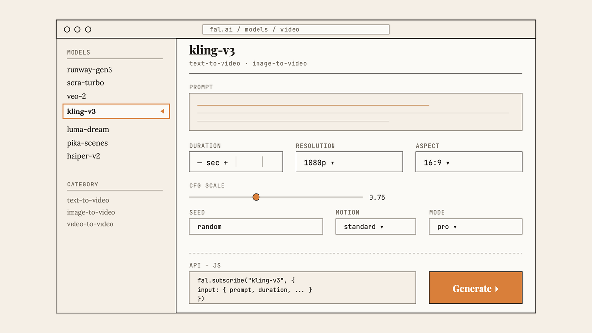 Maquette au trait d'une interface de plateforme tierce type fal.ai avec le modèle kling-v3 sélectionné et ses paramètres de configuration.
