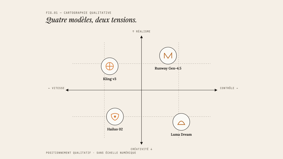 Diagramme en quadrant positionnant Kling v3, Hailuo 02, Runway Gen-4.5 et Luma Dream Machine selon deux axes : réalisme/créativité et vitesse/contrôle.