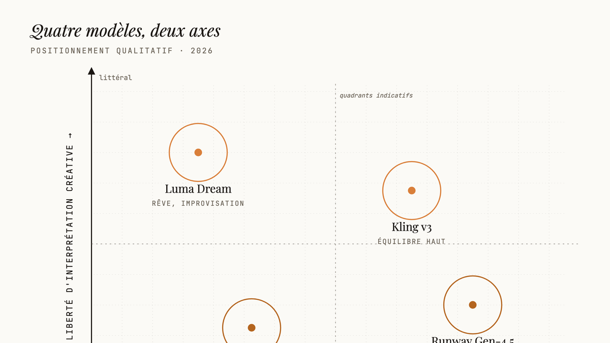 Diagramme éditorial positionnant Kling v3, Hailuo 02, Runway Gen-4.5 et Luma Dream Machine sur deux axes : précision du mouvement de caméra en abscisse et liberté d'interprétation créative en ordonnée.