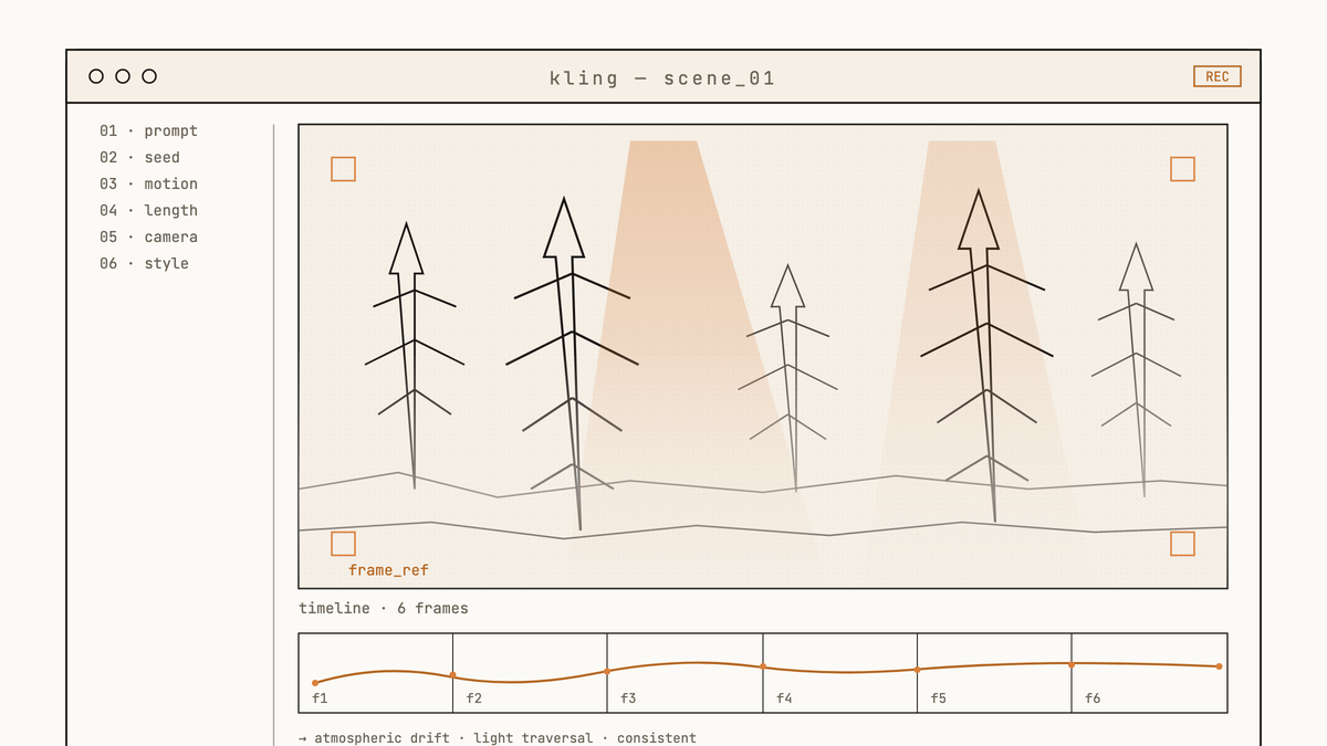Maquette d'interface de l'outil vidéo Kling montrant un plan de forêt brumeuse au trait, avec faisceaux de lumière traversant les arbres et timeline de six frames.