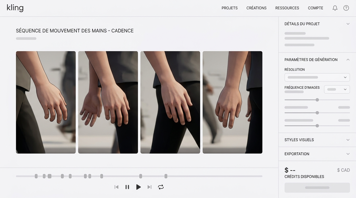 clip d'un personnage en marche, gros plan sur les mains et les articulations, cohérence anatomique visible sur plusieurs frames