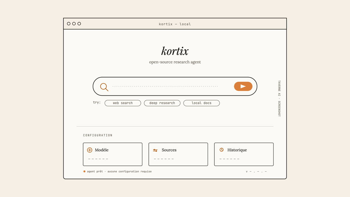 Maquette au trait de l'écran d'accueil de Kortix : champ de recherche central, actions rapides et trois options de configuration accessibles directement.