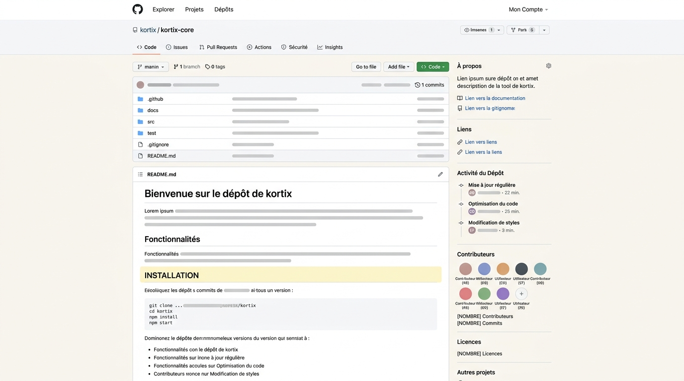 page GitHub du projet avec README visible, section installation en évidence, et indicateurs d'activité du dépôt comme les commits récents et les contributors actifs