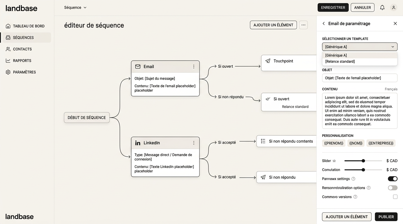 éditeur de séquence avec nœuds de touchpoints email et LinkedIn reliés par des flèches conditionnelles, panneau de paramétrage d'un template ouvert à droite
