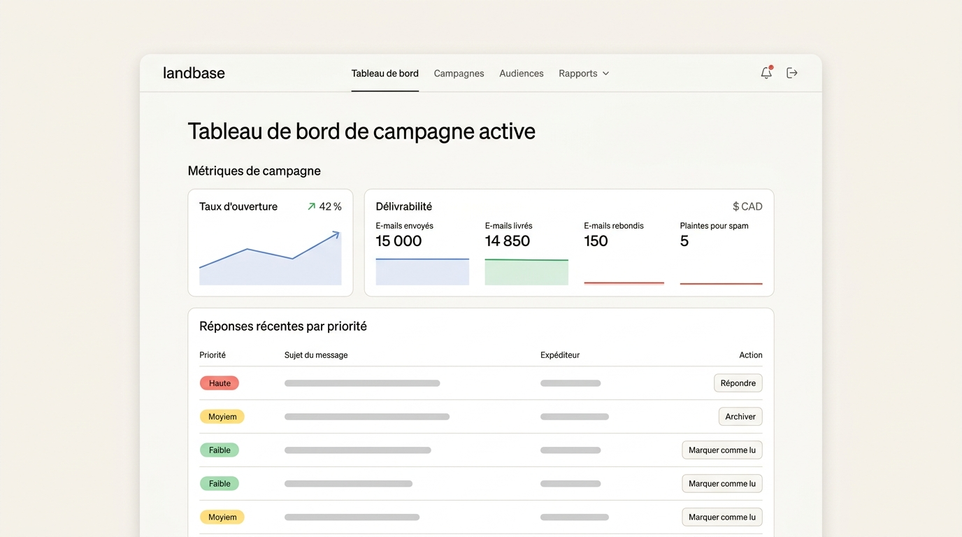 tableau de bord de campagne active avec métriques de délivrabilité, taux d'ouverture et liste de réponses récentes classées par priorité