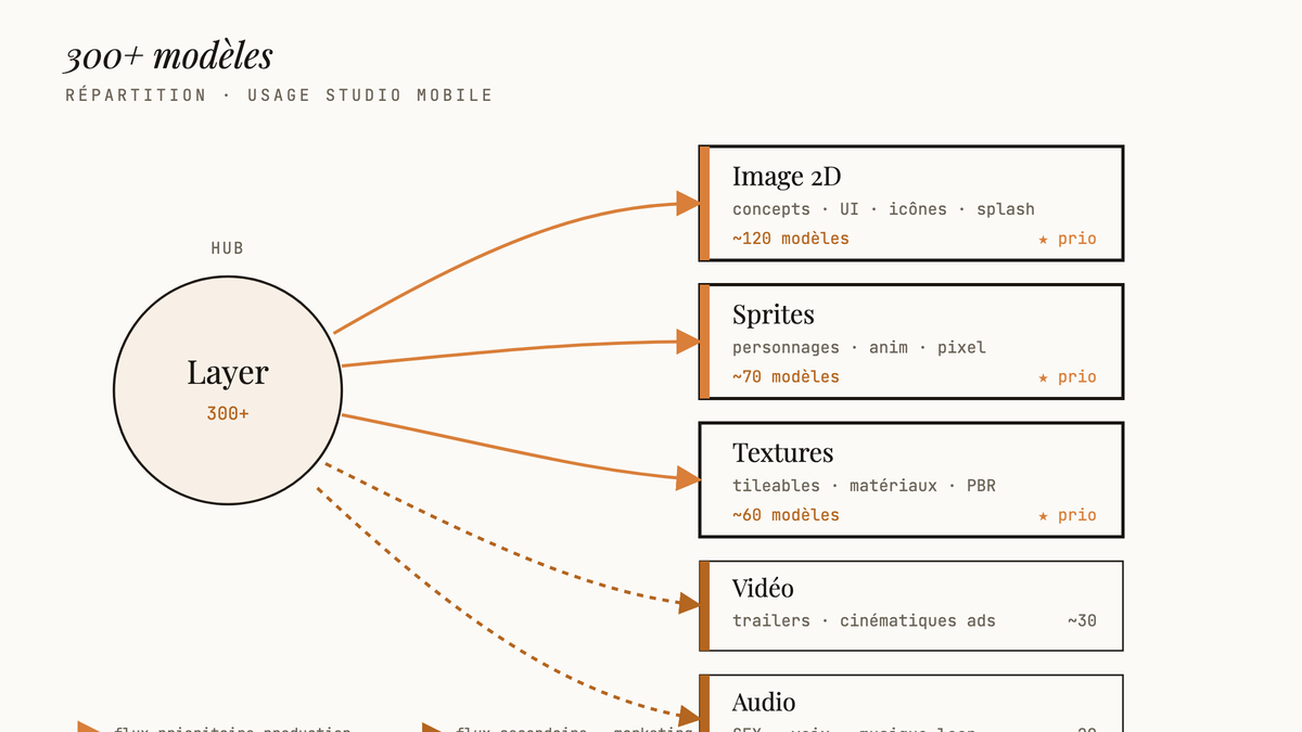 Diagramme éditorial répartissant les 300+ modèles IA de Layer en cinq sous-catégories utiles à un studio de jeux mobiles : image 2D, sprites, textures (flux prioritaire), vidéo et audio (flux secondaire).