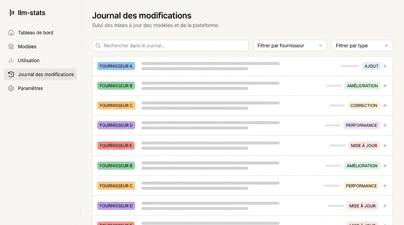 vue du changelog avec une dizaine d'entrées empilées, badges colorés par fournisseur sur la gauche, type de changement à droite, sans valeurs numériques lisibles dans l'image