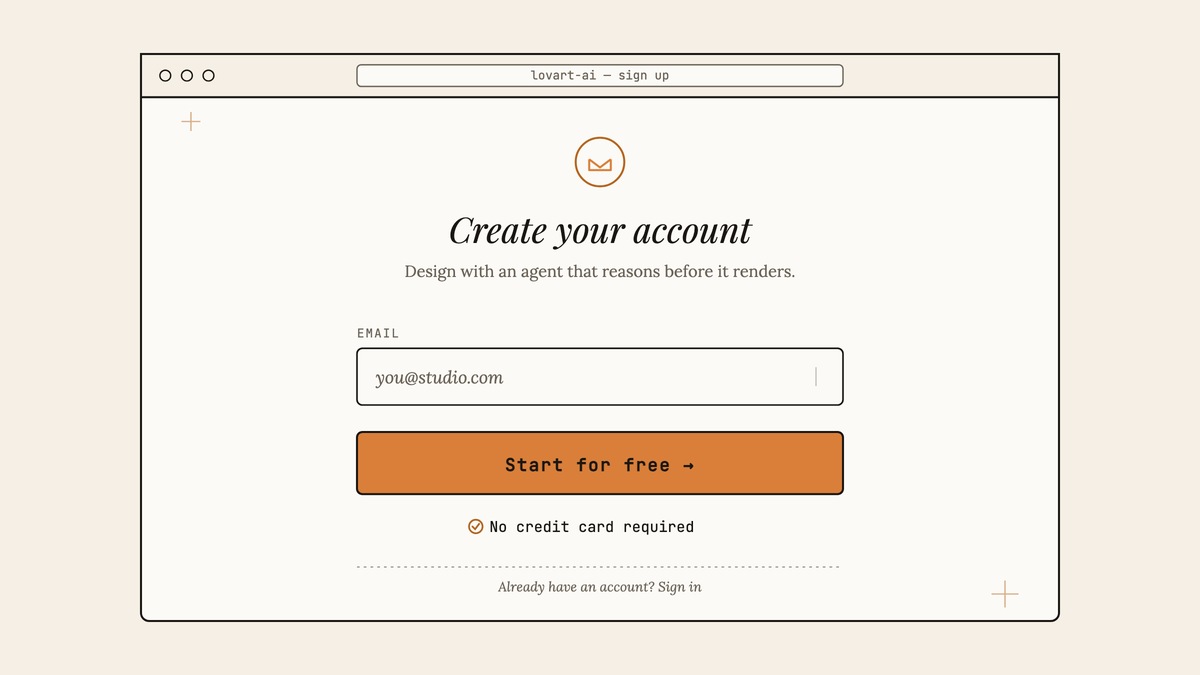 Maquette au trait de la page d'inscription Lovart AI avec champ email, bouton Start for free et mention No credit card required