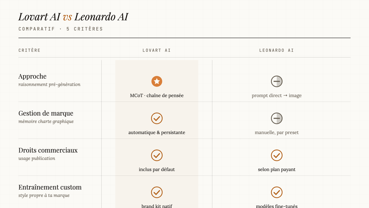 Tableau comparatif visuel entre Lovart AI et Leonardo AI sur cinq critères : approche, gestion de marque, droits commerciaux, entraînement custom et intégration écosystème, chaque cellule marquée d'une icône de statut.