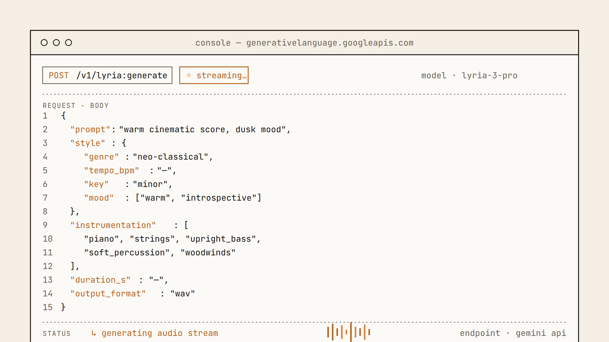 Maquette d'une fenêtre de console API montrant une requête POST vers le modèle Lyria 3 Pro avec un corps JSON détaillant les paramètres de style et d'instrumentation.