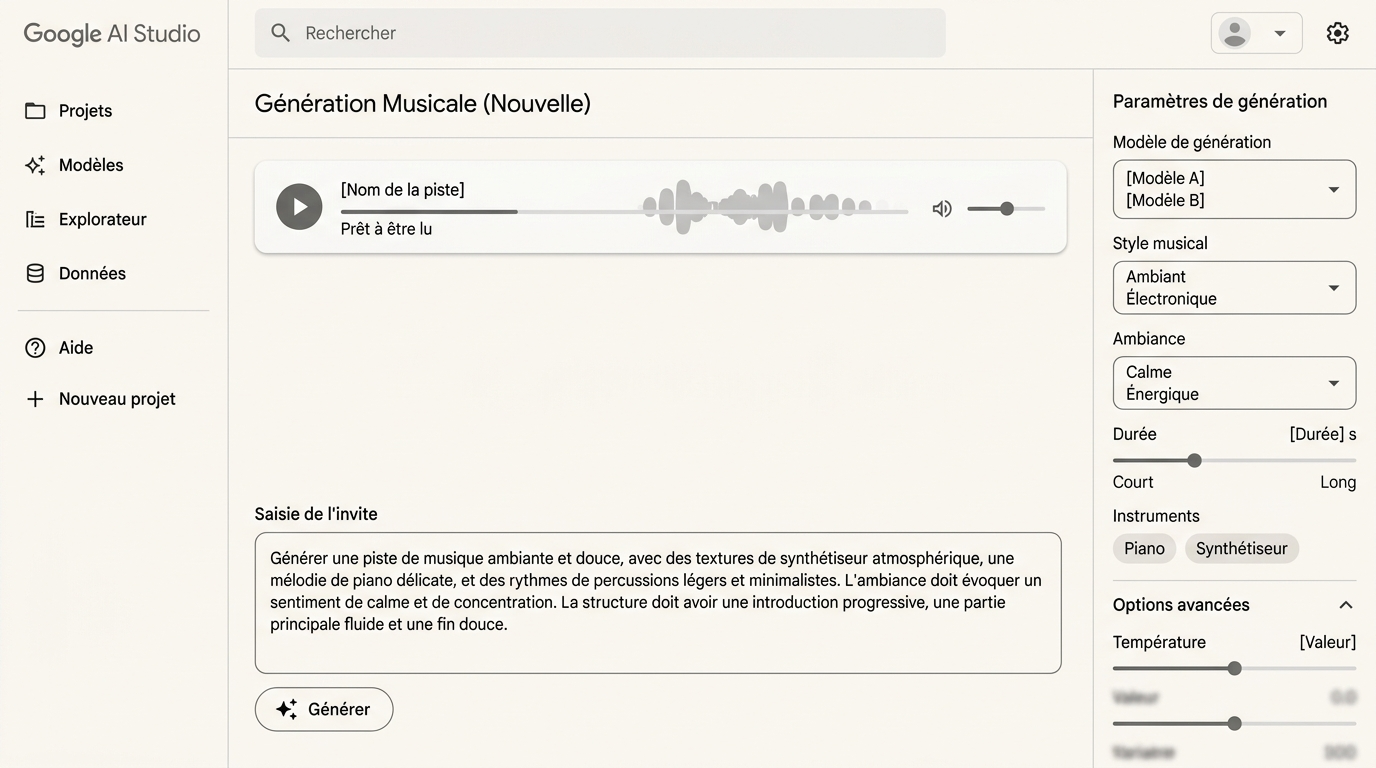 interface de Google AI Studio avec un prompt de génération musicale entré dans le champ texte, résultat audio prêt à être lu, panneau de paramètres visible à droite