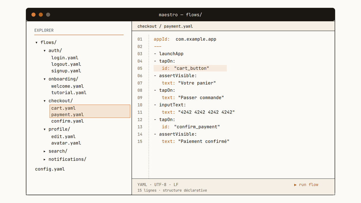 Maquette au trait de l'interface Maestro : panneau explorateur avec dossier flows/ contenant des sous-dossiers (auth, onboarding, checkout, profile) et fichiers YAML, à droite un éditeur affichant le flow payment.yaml ouvert avec ses commandes déclaratives.