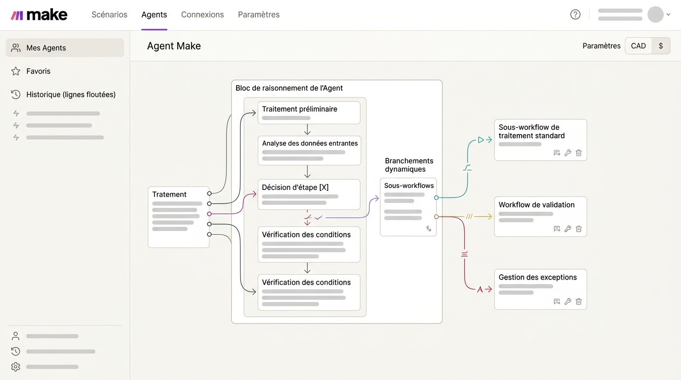 interface d'un agent Make montrant un bloc de raisonnement avec des étapes de décision et des branchements dynamiques vers différents sous-workflows, sans texte lisible ni données sensibles