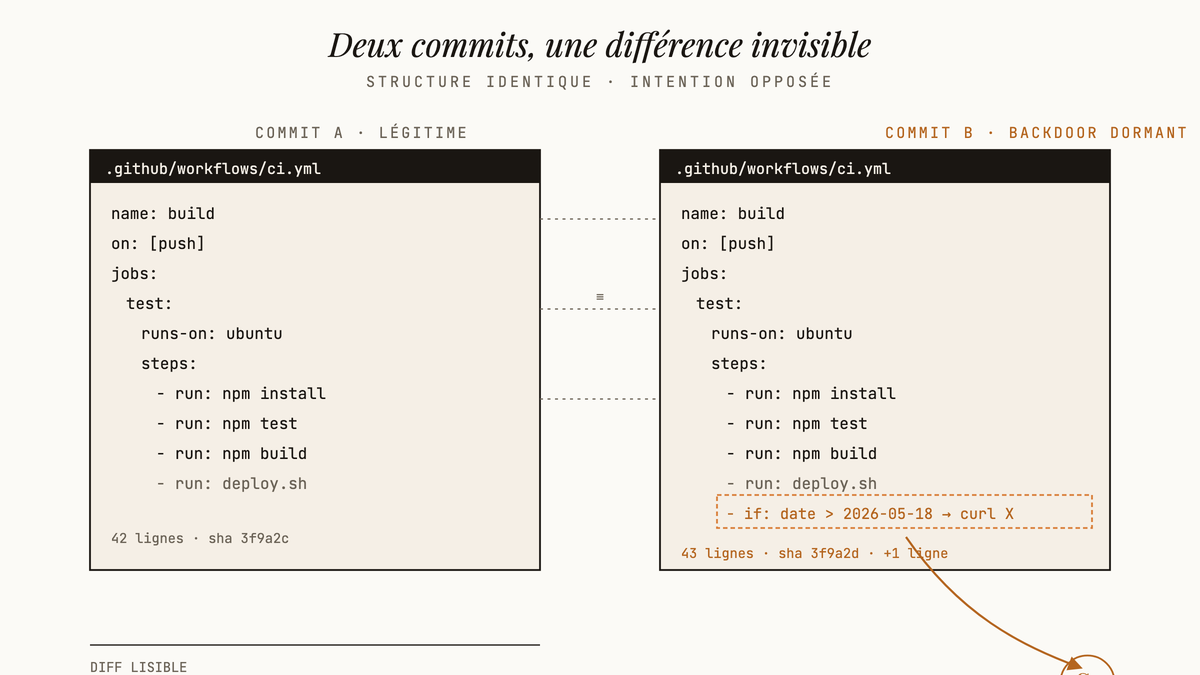 Schéma comparant deux commits GitHub Actions au fichier ci.yml identique, sauf une ligne conditionnelle supplémentaire dans le commit B qui appelle un serveur externe à une date future.