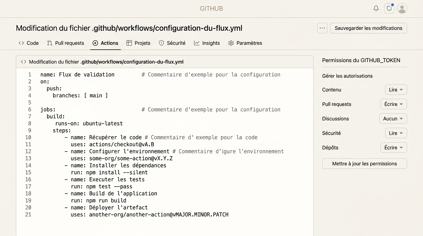 un fichier workflow YAML dans l'éditeur GitHub, montrant plusieurs étapes "uses:" référençant des actions tierces par tag de version, avec le panneau de permissions GITHUB_TOKEN visible