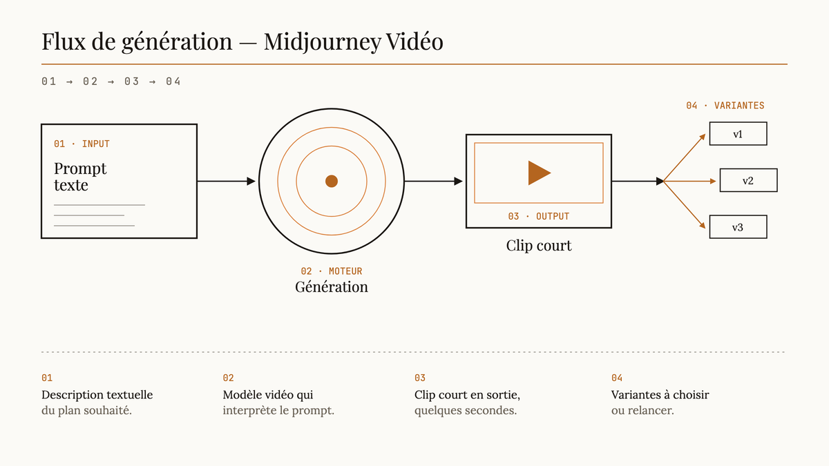 Diagramme en quatre étapes du flux de génération vidéo de Midjourney : prompt texte, moteur de génération, clip court, variantes.