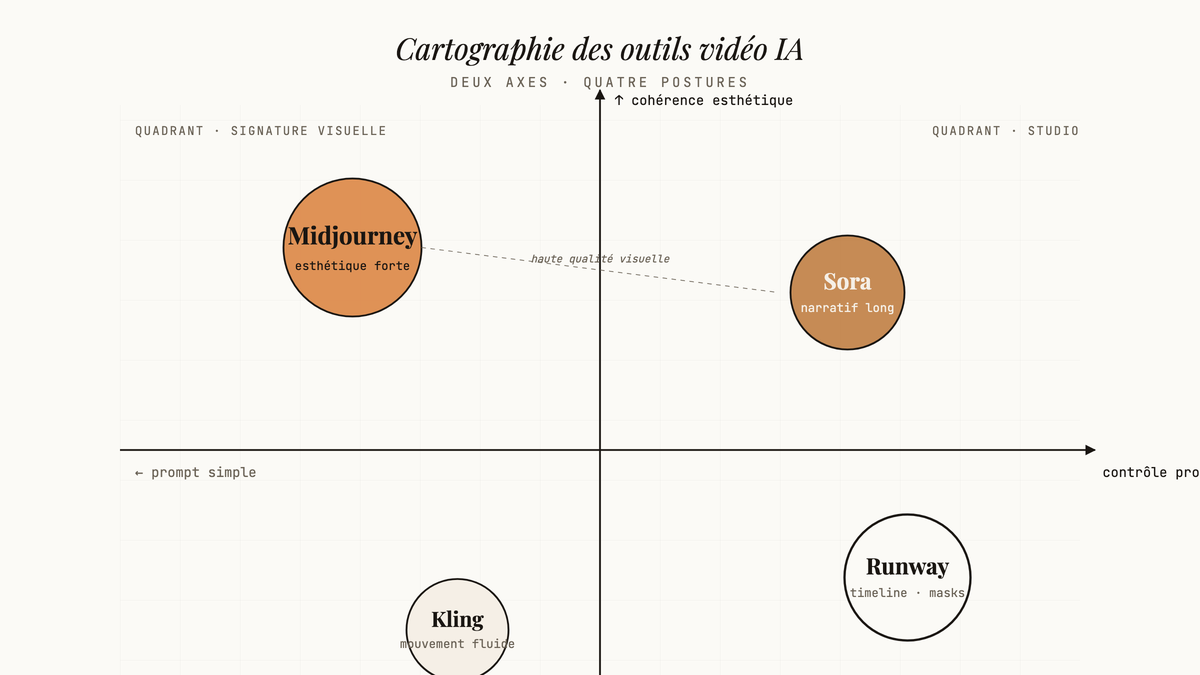 Diagramme à quatre quadrants positionnant Midjourney, Sora, Runway et Kling selon la cohérence esthétique et le contrôle professionnel