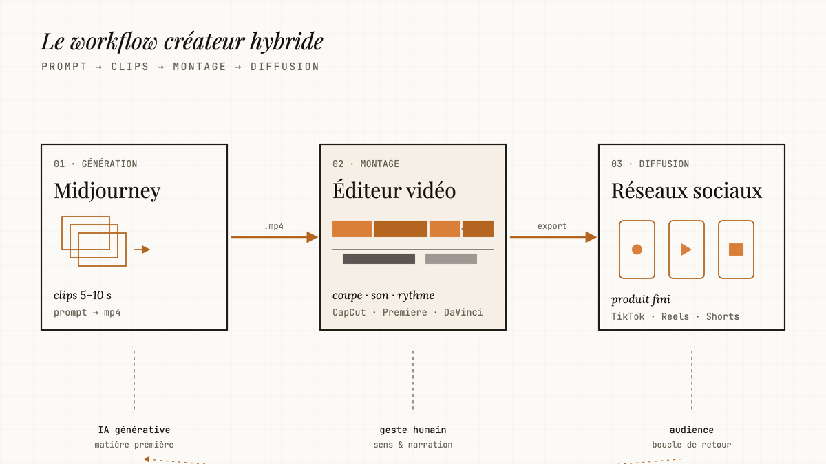 Schéma en trois étapes du workflow créateur hybride : Midjourney génère les clips, un éditeur vidéo assemble, les réseaux sociaux diffusent.