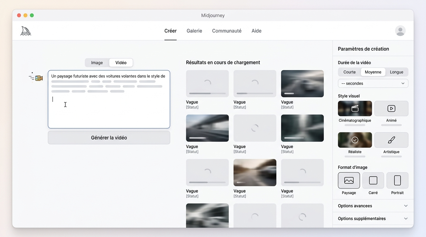 interface web avec un champ de prompt actif en mode vidéo, une grille de résultats de clips en cours de chargement, et les options de durée et de style visibles dans le panneau latéral