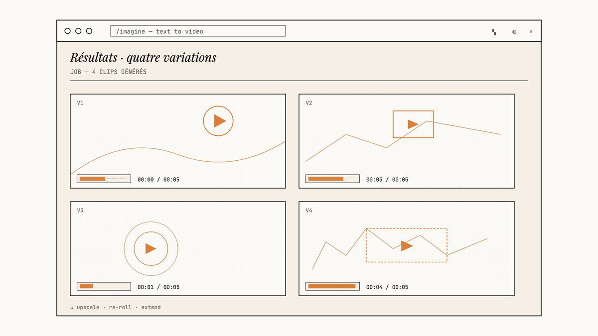 Maquette au trait d'une interface Midjourney affichant une grille de quatre clips vidéo générés, chacun avec une barre de lecture et un indicateur de durée.