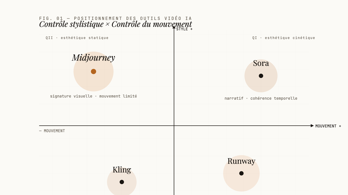 Diagramme de positionnement à deux axes plaçant Midjourney, Sora, Runway et Kling selon leur contrôle stylistique et leur contrôle du mouvement.