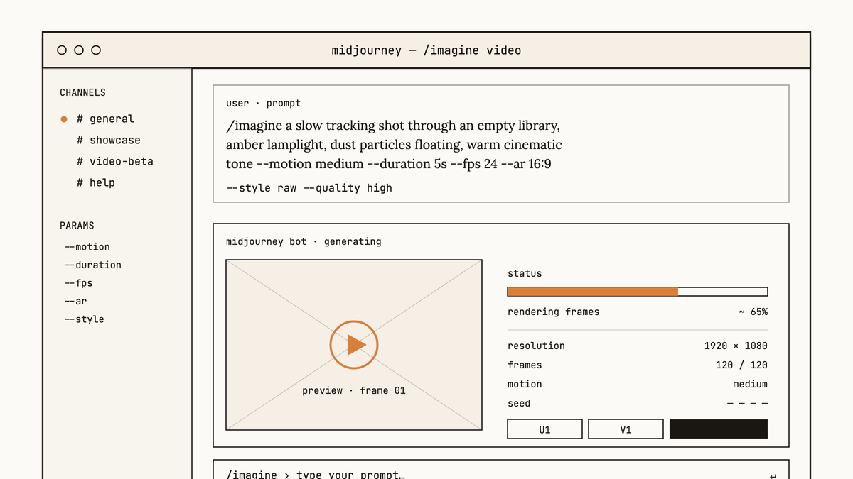 Maquette au trait d'une interface de chat Midjourney montrant un prompt vidéo détaillé avec paramètres et un rendu vidéo en cours de génération.