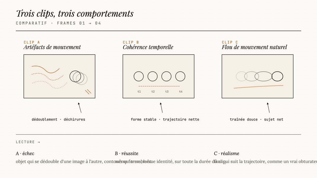 Comparatif éditorial au trait de trois clips vidéo : artéfacts de mouvement, cohérence temporelle et flou de mouvement naturel, avec annotations pointant les zones clés.