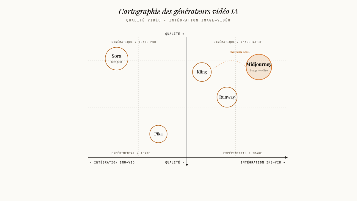 Diagramme de positionnement à deux axes plaçant Midjourney, Sora, Runway, Kling et Pika selon la qualité vidéo et l'intégration image-vidéo.