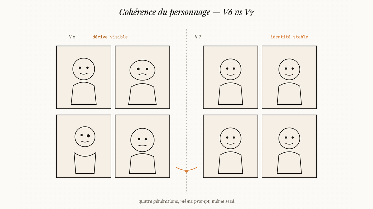 Comparaison en deux panneaux : à gauche quatre variantes V6 d'un même personnage aux traits divergents, à droite quatre variantes V7 quasi identiques illustrant la cohérence retrouvée.