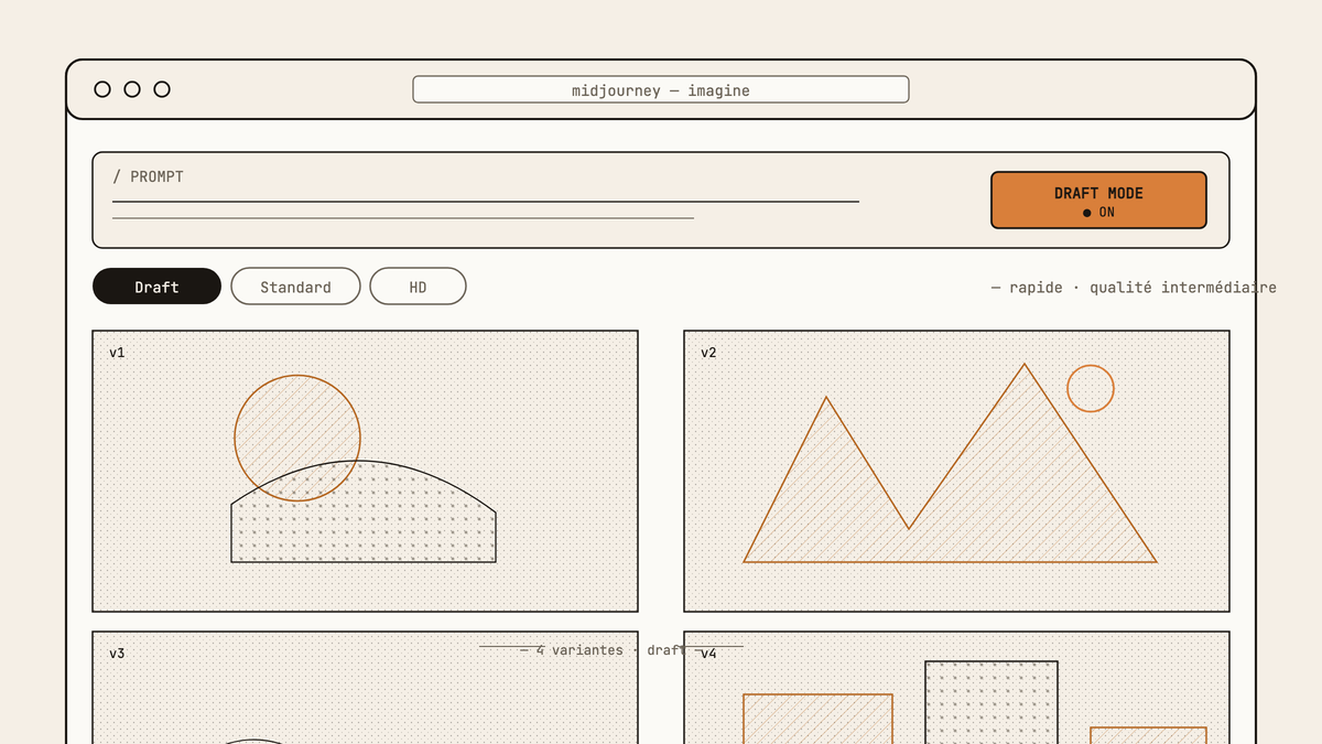 Maquette au trait de l'interface Midjourney avec Draft Mode activé et grille de quatre variantes