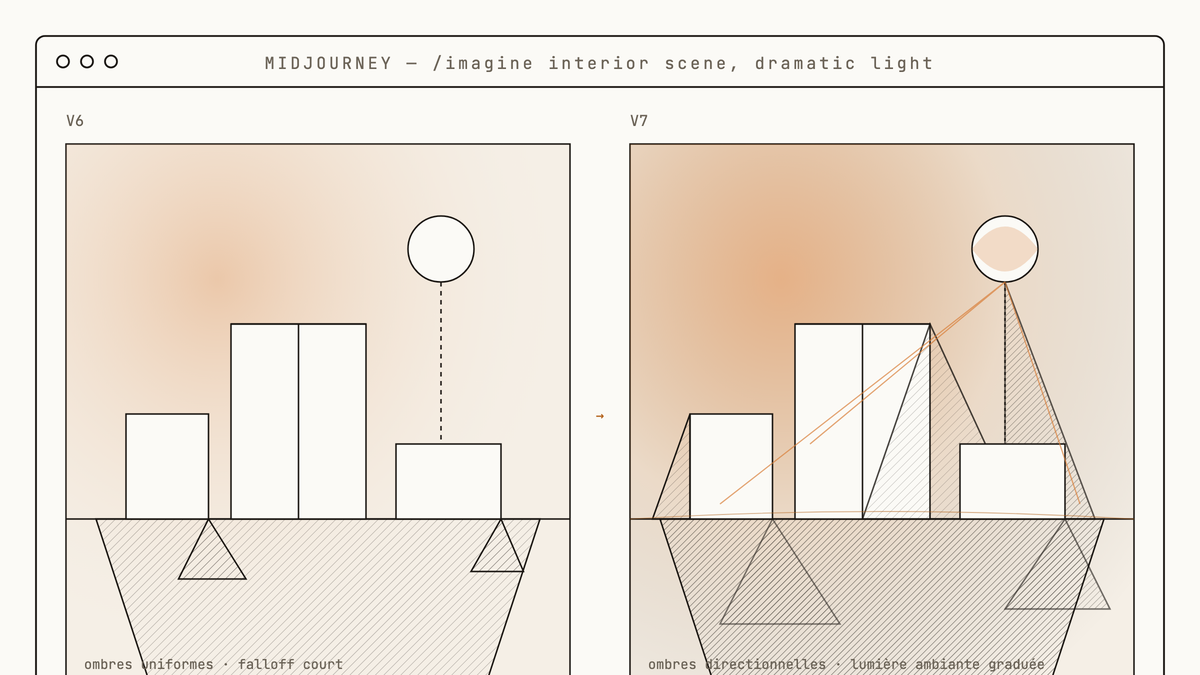 Maquette d'interface Midjourney comparant côte à côte le rendu V6 et V7 d'une scène intérieure éclairée, avec ombres plus détaillées et lumière ambiante graduée côté V7.