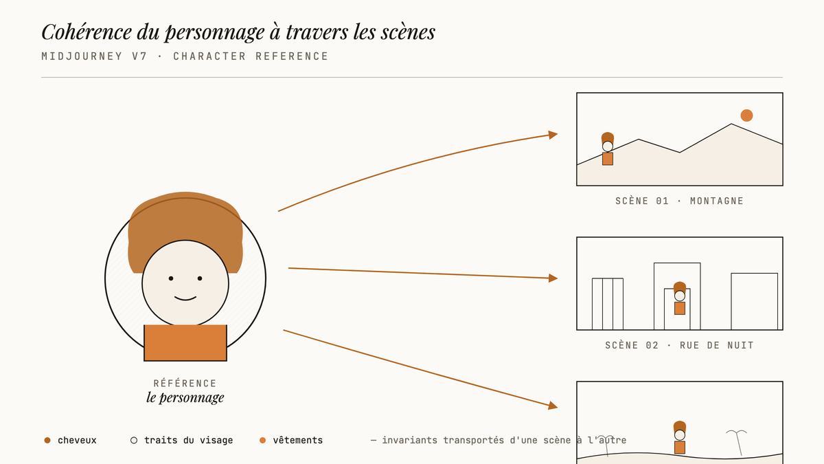 Diagramme éditorial : un personnage de référence au centre, relié par trois flèches à trois vignettes de scènes différentes (montagne, rue de nuit, forêt), où ses caractéristiques visuelles restent identiques.